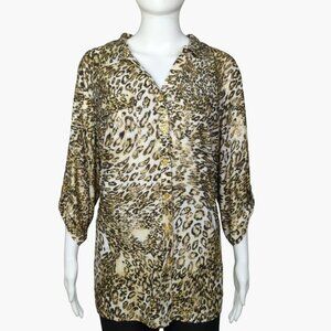 Emily Daniels Womens 1X Roll Sleeve Button-Up Animal Print Blouse